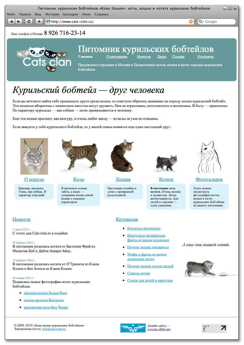 Шаблон главной страницы сайта питомника кошек курильских бобтейлов
